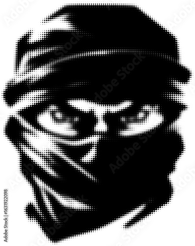 Halftone illustration of masked face with intense gaze in monochrome