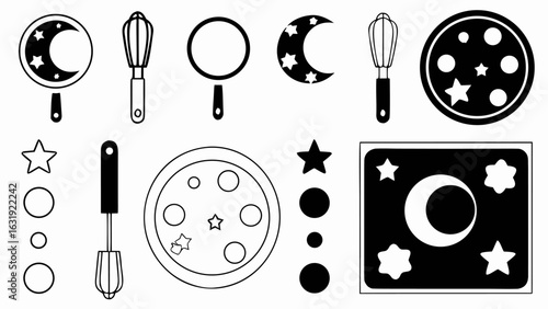 Illustration of kitchen utensils including whisks pans and celestial elements like moons and stars design 100 silhouette
