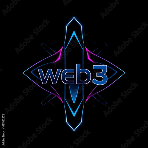 Neon-lit "Web3" logo design, featuring a futuristic, geometric abstract background.