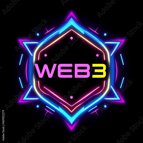 A vibrant neon graphic displaying the text "WEB3" within a geometric design.