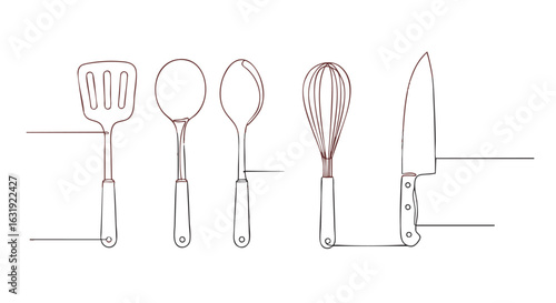 Simple line drawing of various kitchen utensils, including spatula, ladle, whisk, and knife.
