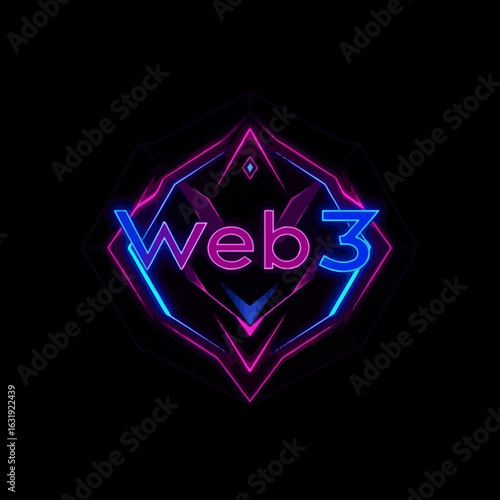 Neon Web3 logo design, vibrant pink and blue, geometric frame.