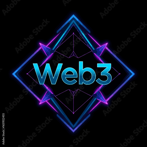 Neon Web3 logo, vibrant diamond frame, futuristic design.