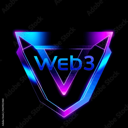 A vibrant digital logo with Web3 text within a neon-lit, futuristic shield design.