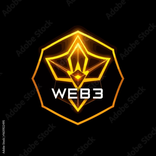 Illuminated geometric emblem with the inscription "WEB3" on a dark background.