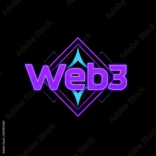 A stylized graphic featuring the text "Web3" within a geometric, neon-style design.