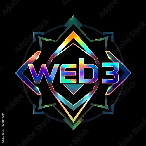 Iridescent "WEB3" text centered within a geometric, mandala-like design on a black background.