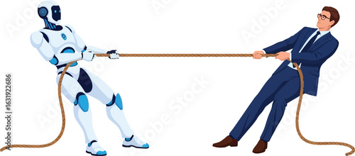 Ai versus human competition tug of war business technology robot vector