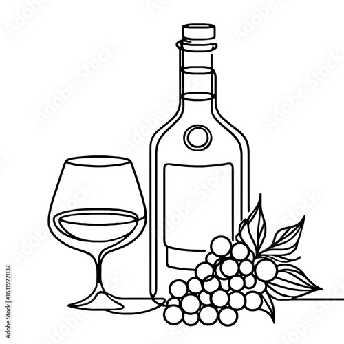 Bottle of cognac with cognac glass and a bunch of grapes outline drawing, vector, black line drawing, minimalistic, single line, simple line, isolated, transparent background 