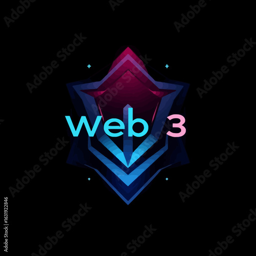 Abstract Web3 design with a geometric star shape in blue and pink hues against a black background.