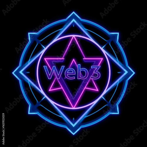 Neon-lit, stylized logo design featuring Web3 branding, intricate geometric patterns.