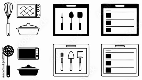 Illustration of kitchen utensils and tablet screens displaying information and cooking tools icons silhouette