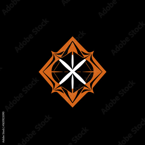 Geometric orange and white design against a black background.