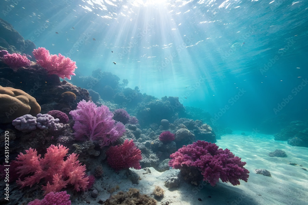 Fototapeta premium Sunlight streams through clear blue water onto a vibrant coral reef teeming with colorful marine life and diverse underwater flora