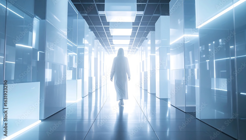 Fototapeta premium Person Walking Down Modern Illuminated Corridor