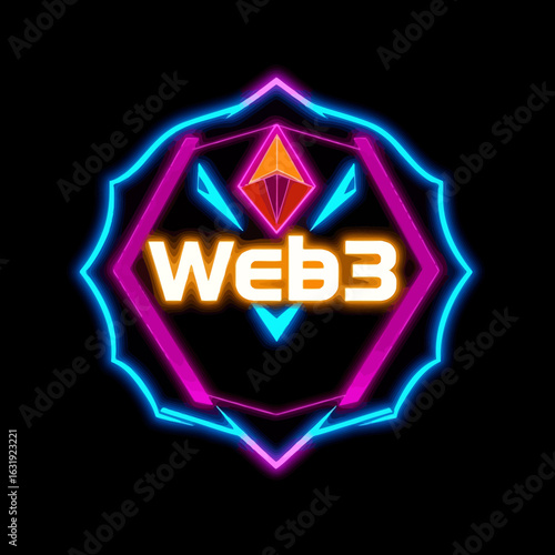 Neon Web3 logo, vibrant geometric design, futuristic emblem.