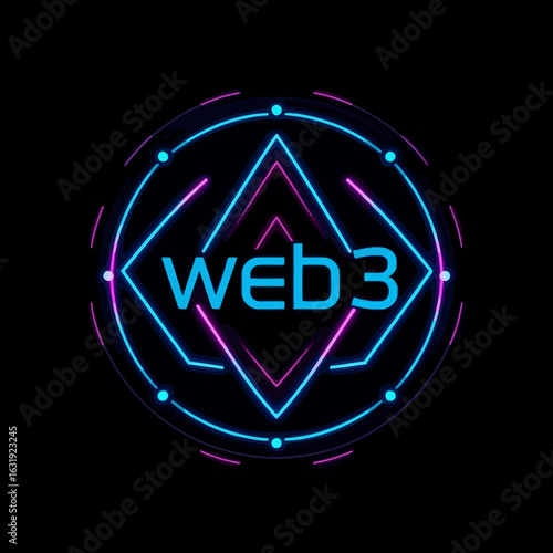 Neon-lit, stylized logo featuring the words "WEB3" within a geometric circle design.