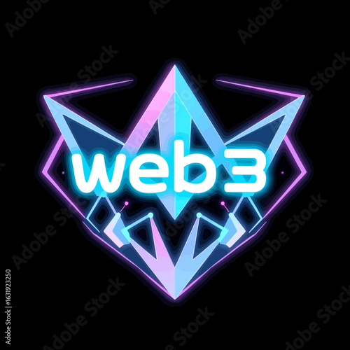 Neon Web3 logo, geometric design, vibrant colors, futuristic emblem.