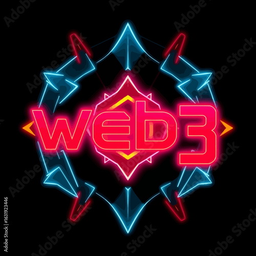 Illuminated neon sign displaying "Web3" within a geometric, futuristic design.
