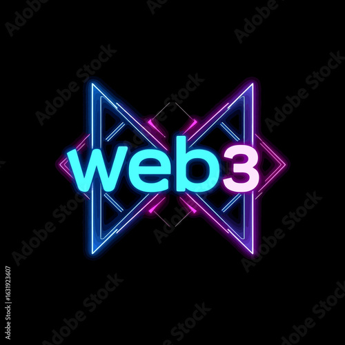 Neon Web3 logo with geometric shapes against a black background.