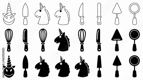 Illustration of unicorn heads knives whisks trowels and magnifying glasses in black and white color scheme silhouette