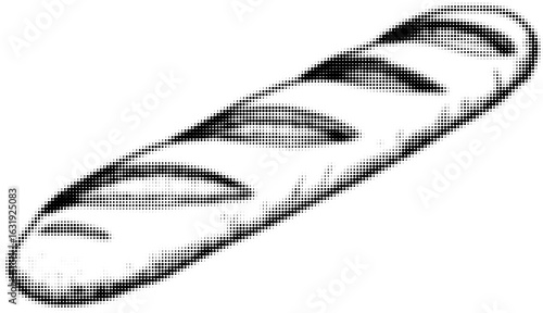 Halftone black and white illustration of a baguette with dotted texture