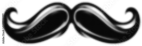 Halftone black mustache graphic with vintage style and swirling design