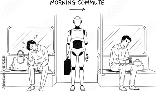 Morning commute featuring robot and tired passengers illustration vector
