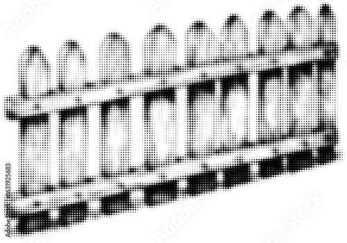 Halftone illustration of a wooden picket fence in black and white style