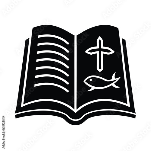 Open Bible with Baptismal Cross and Christian Fish,