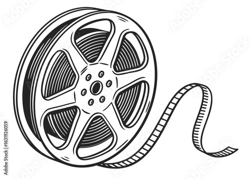 Vintage movie film reel illustration with detailed black and white graphic design for classic cinema concepts