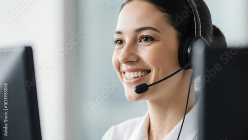 Customer service rep wearing headset and smiling 