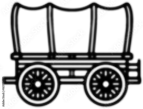 Black and white illustration of vintage covered wagon with large wheels