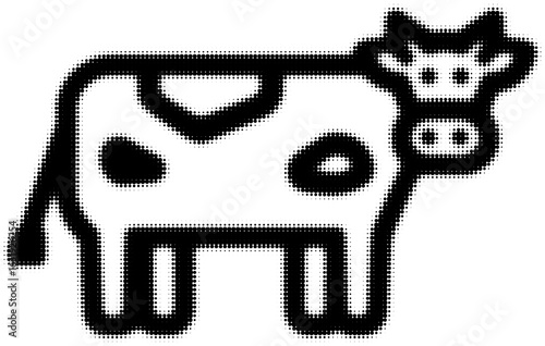 Pixel art of a monochrome cow with distinctive patterns and dot texture