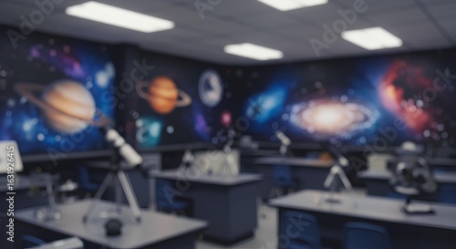 Blurry Astronomy Classroom With Educational Tools, Blurred Background