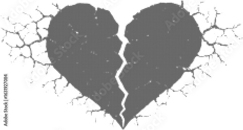 Cracked black and white heart symbolizing heartbreak and emotional pain
