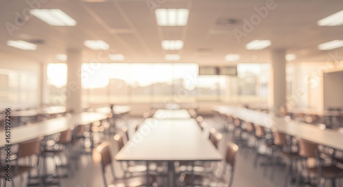 Empty Dining Hall With City Sunset View, Blurred Background