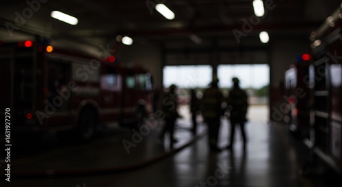 Emergency Personnel In A Fire Station Bay, Blurred Background