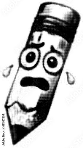Halftone illustration of a cartoon pencil with anxious expression