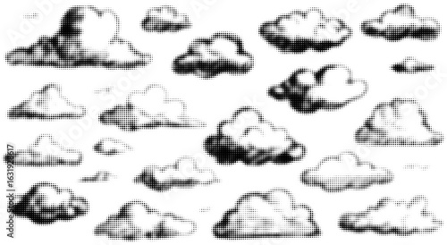 Black and white halftone illustration of various cloud formations