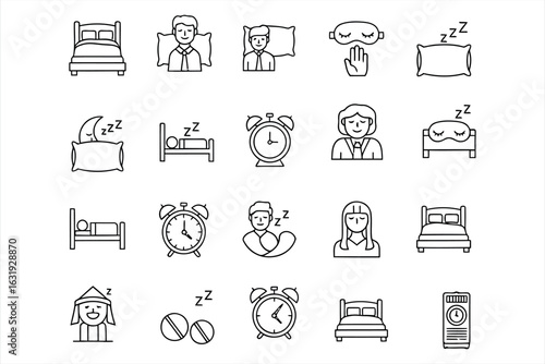 Collection of sleep and rest related icons including beds pillows and alarm clocks vector 1