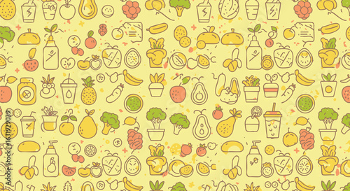 Colorful, outlined icons of various healthy foods and drinks create a repeating pattern.