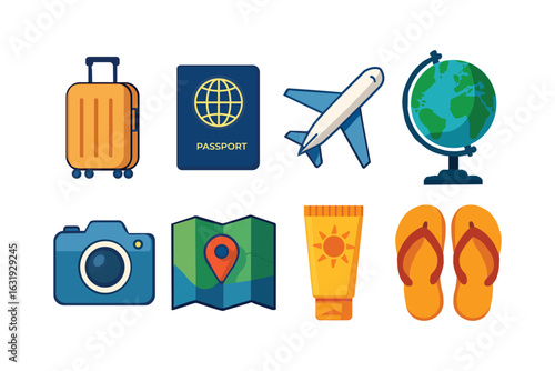 Colorful Travel Vector Icons – Clean Hand-Drawn Vacation and Holiday Elements