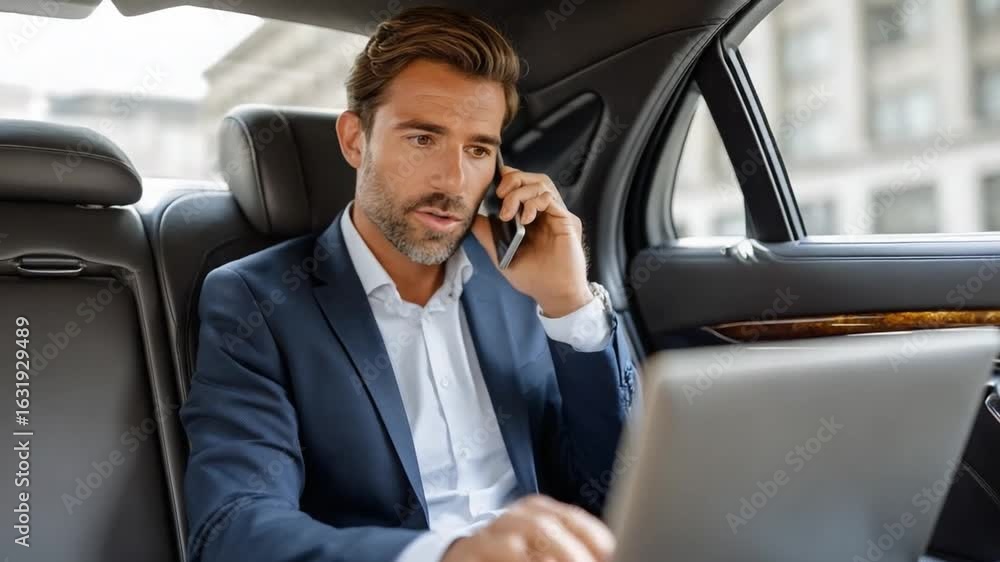 Business on the Go: A focused professional, impeccably dressed in a suit, multi-tasking while traveling in a sleek car, epitomizing the modern executive. Business on the Go: A focused professional, impeccably dressed in a suit, multi-tasking while traveling in a sleek car, epitomizing the modern executive.