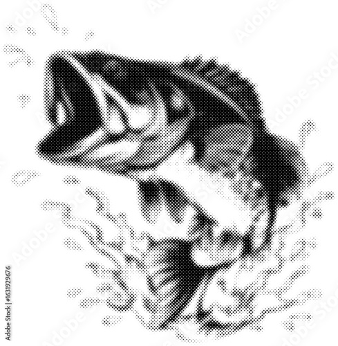 Largemouth bass with open mouth leaping out of water in black and white art