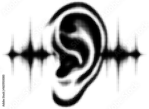 Monochrome digital ear with soundwave dots symbolizing auditory technology