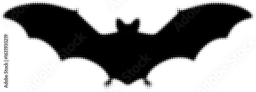 Silhouette of a bat with spread wings in a dotted halftone pattern illustration