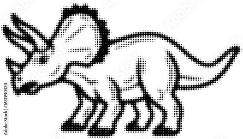 Black and white pixelated triceratops illustration with dotted details