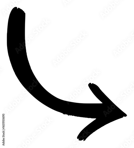Black brush stroke arrow pointing down and right on white background