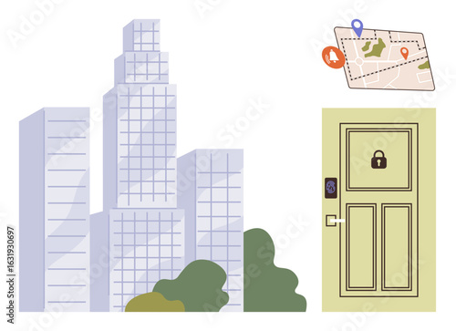 High-rise buildings surrounded by plants alongside a secured door with keyless lock and navigation map. Ideal for security, urban planning, real estate, technology, navigation, privacy, simple
